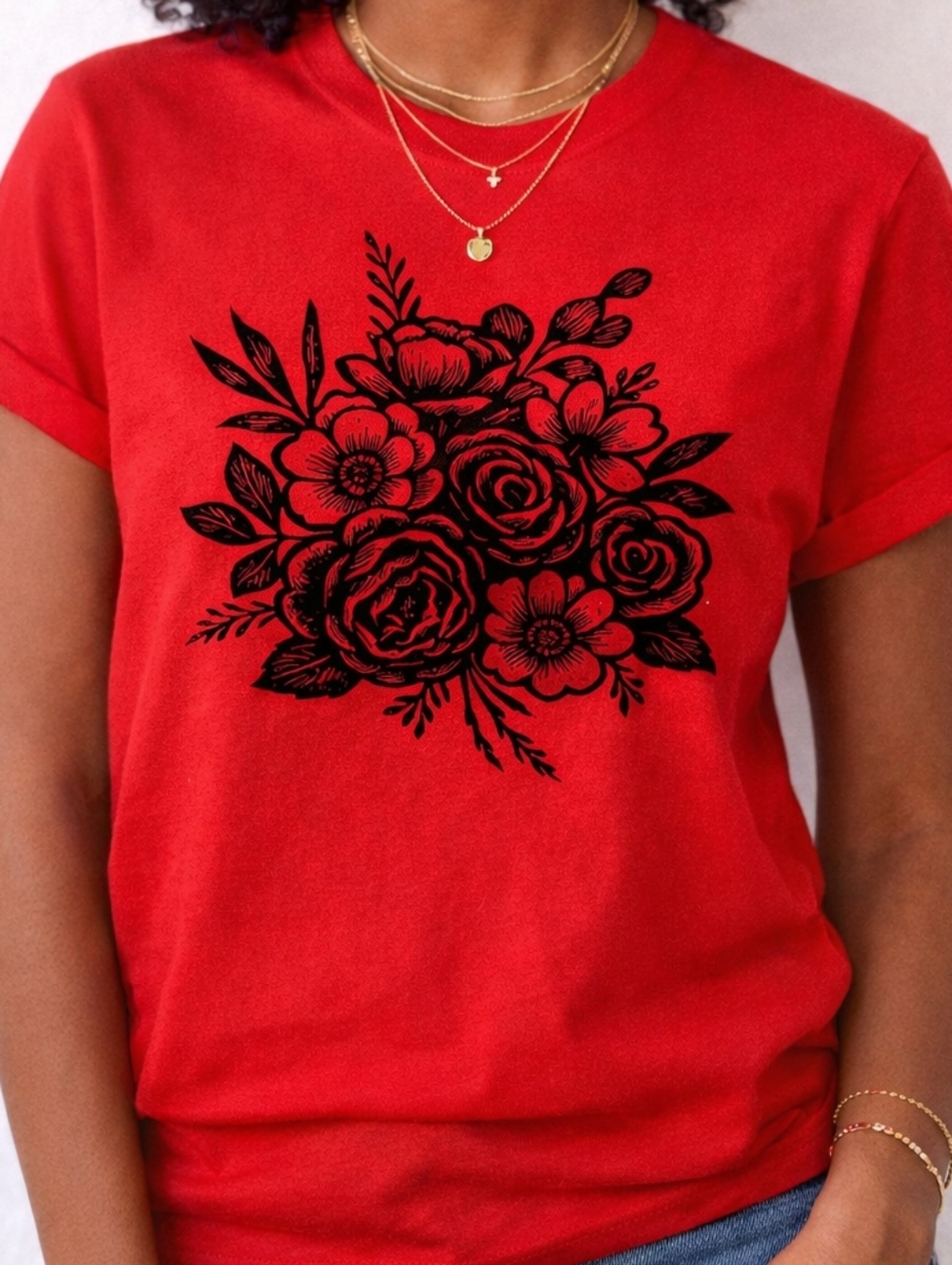 Gildan Red Tee with Black Floral Graphic